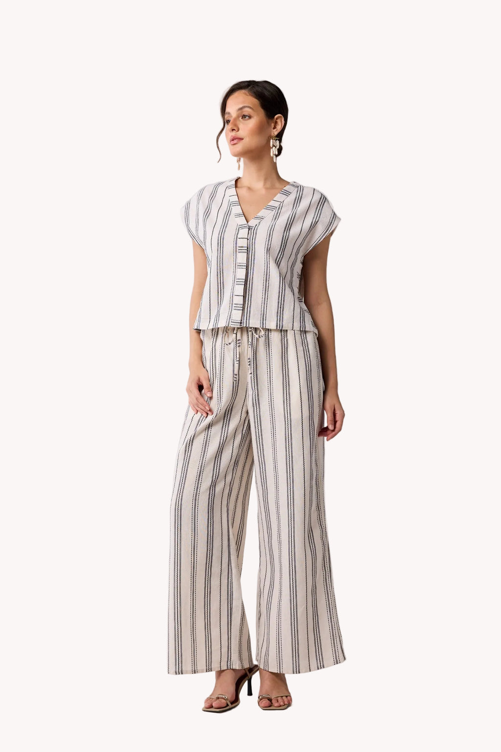 Striped Matching Set with Wide-Leg Pants and V-neck Top