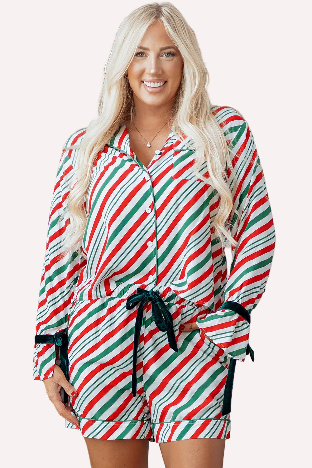 Green Stripe Contrast Velvet Ribbon Knot Christmas 2pcs Pajama Set