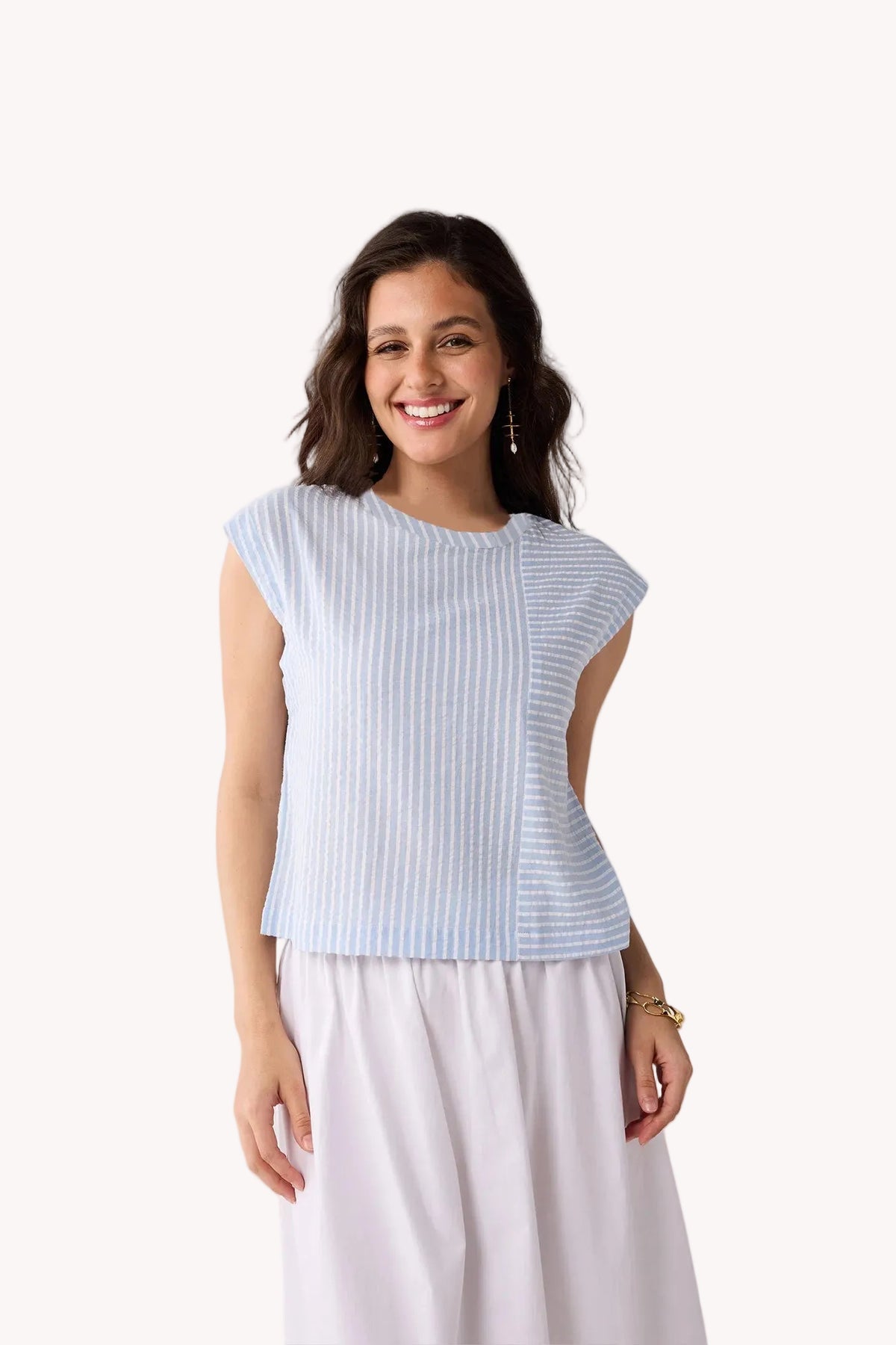 Button-Back Crew Neck Top in Blue Stripes