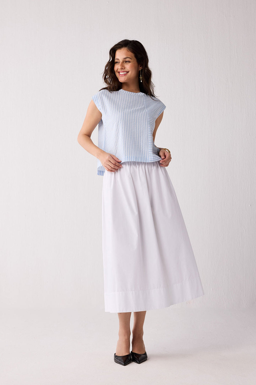 Button-Back Crew Neck Top in Blue Stripes