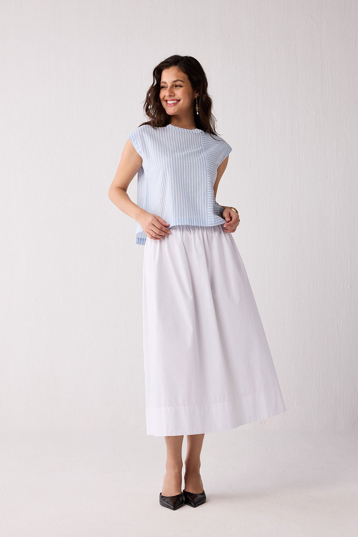 Button-Back Crew Neck Top in Blue Stripes