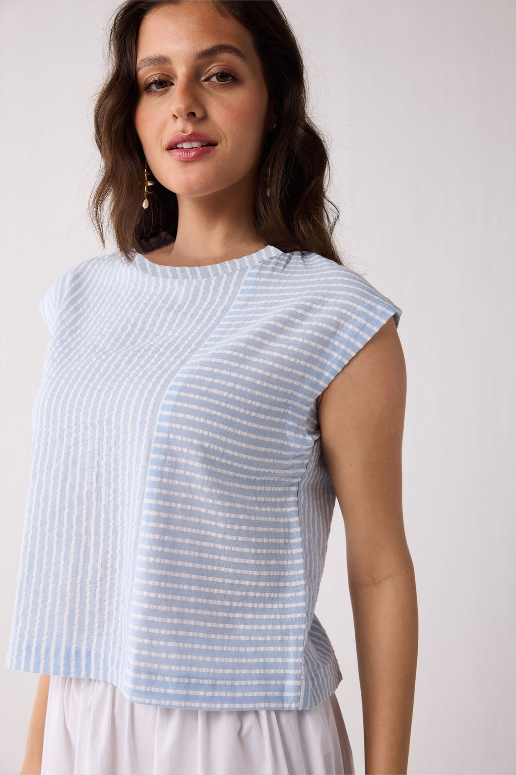 Button-Back Crew Neck Top in Blue Stripes