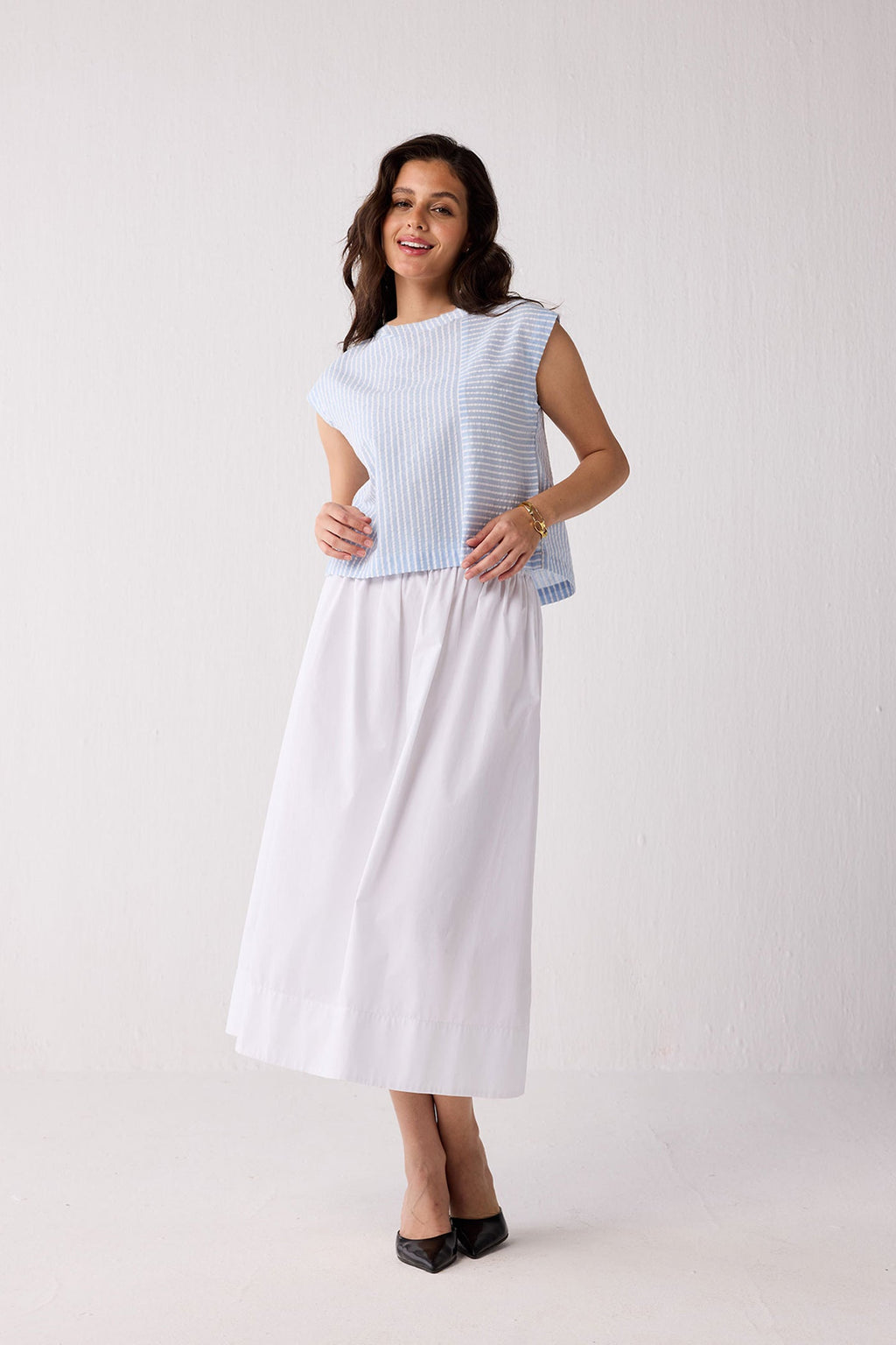 Button-Back Crew Neck Top in Blue Stripes