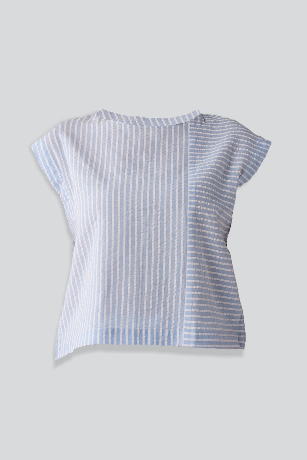 Button-Back Crew Neck Top in Blue Stripes