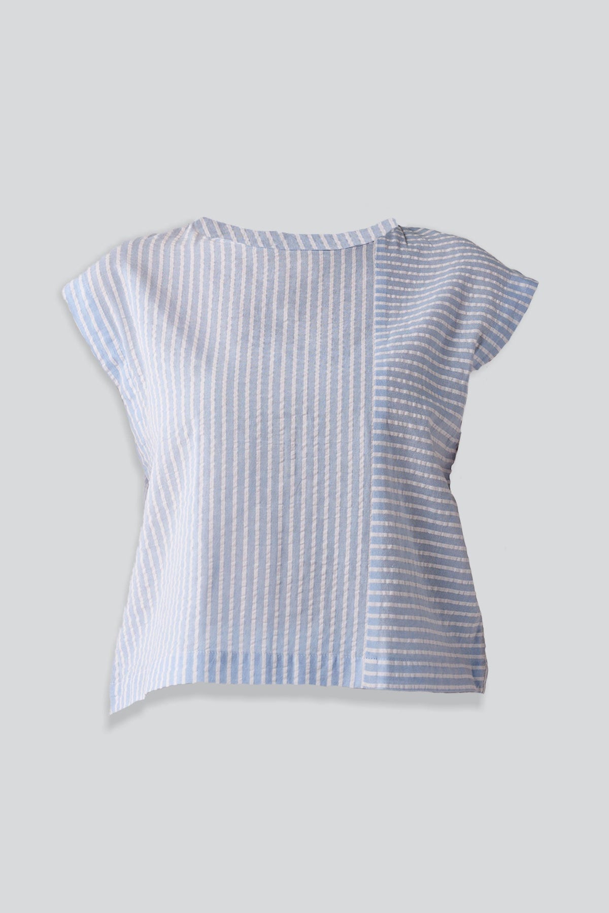 Button-Back Crew Neck Top in Blue Stripes