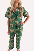 Green Cheetah Print Short Sleeve Shirt and Pants Pajama Set