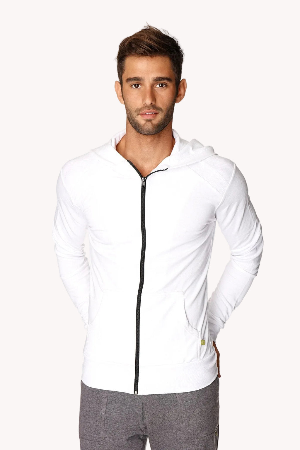 Form-fit Crossover Yoga Track Performance Hoodie (White w/Black Zipper)