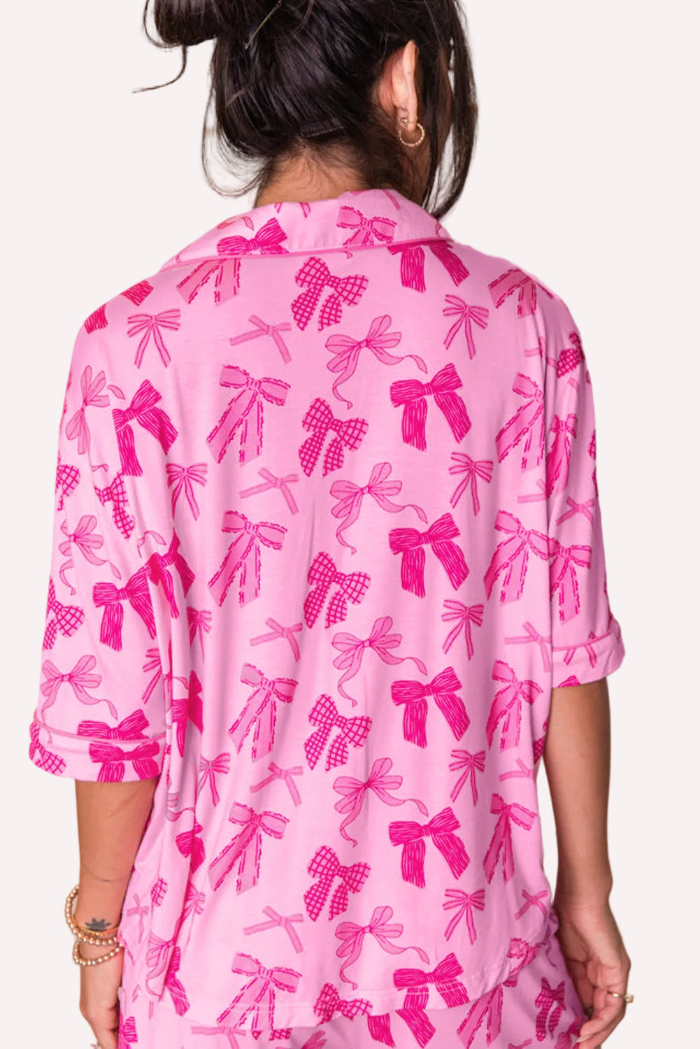 Pink Bow Print Half Sleeve Shirt and Shorts Pajamas Set