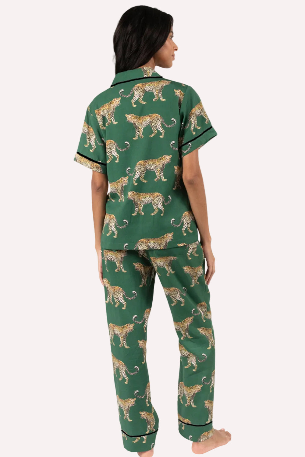 Green Cheetah Print Short Sleeve Shirt and Pants Pajama Set