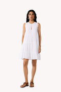 Embroidered Everyday Sleeveless Short Tiered Dress in White