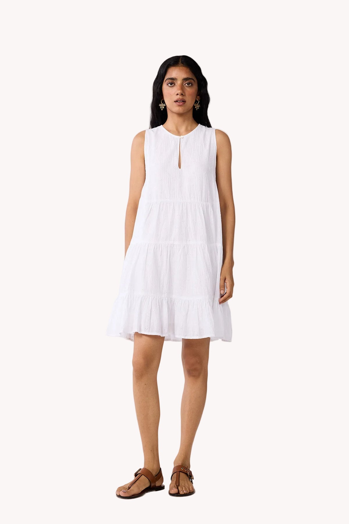Embroidered Everyday Sleeveless Short Tiered Dress in White