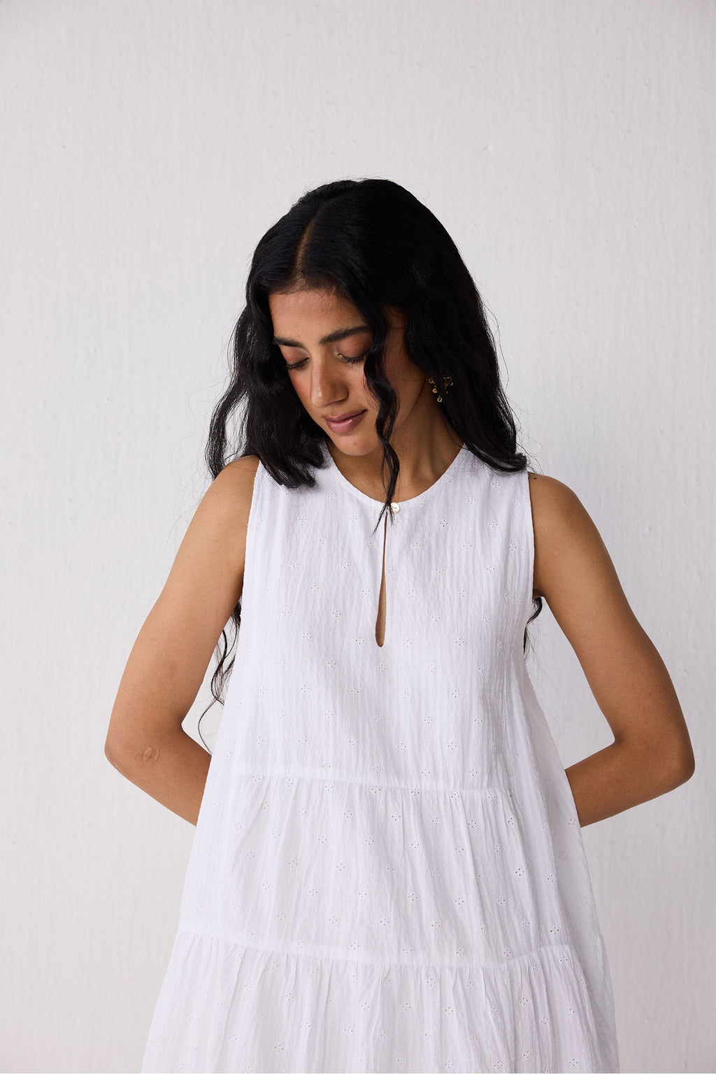 Embroidered Everyday Sleeveless Short Tiered Dress in White
