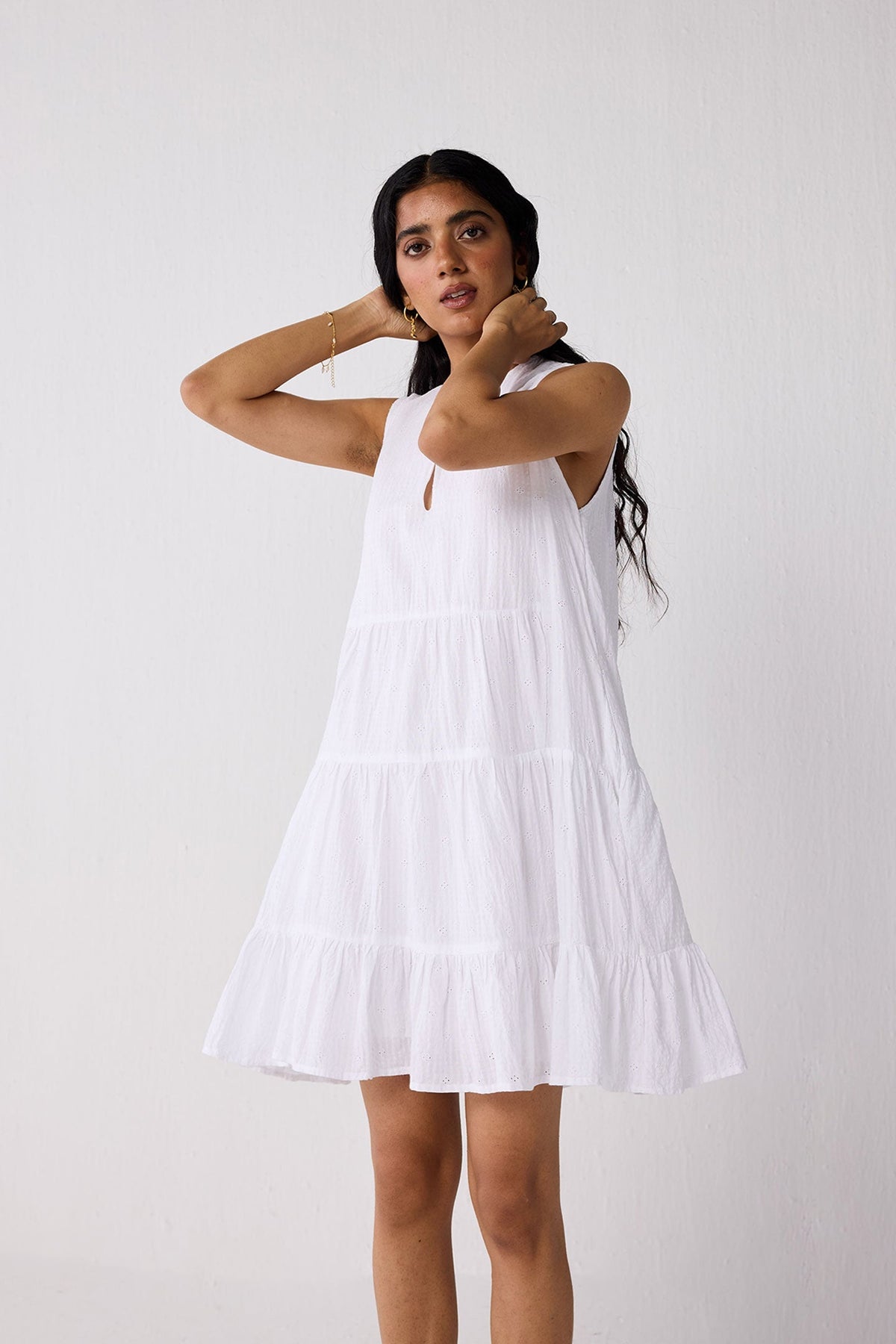 Embroidered Everyday Sleeveless Short Tiered Dress in White