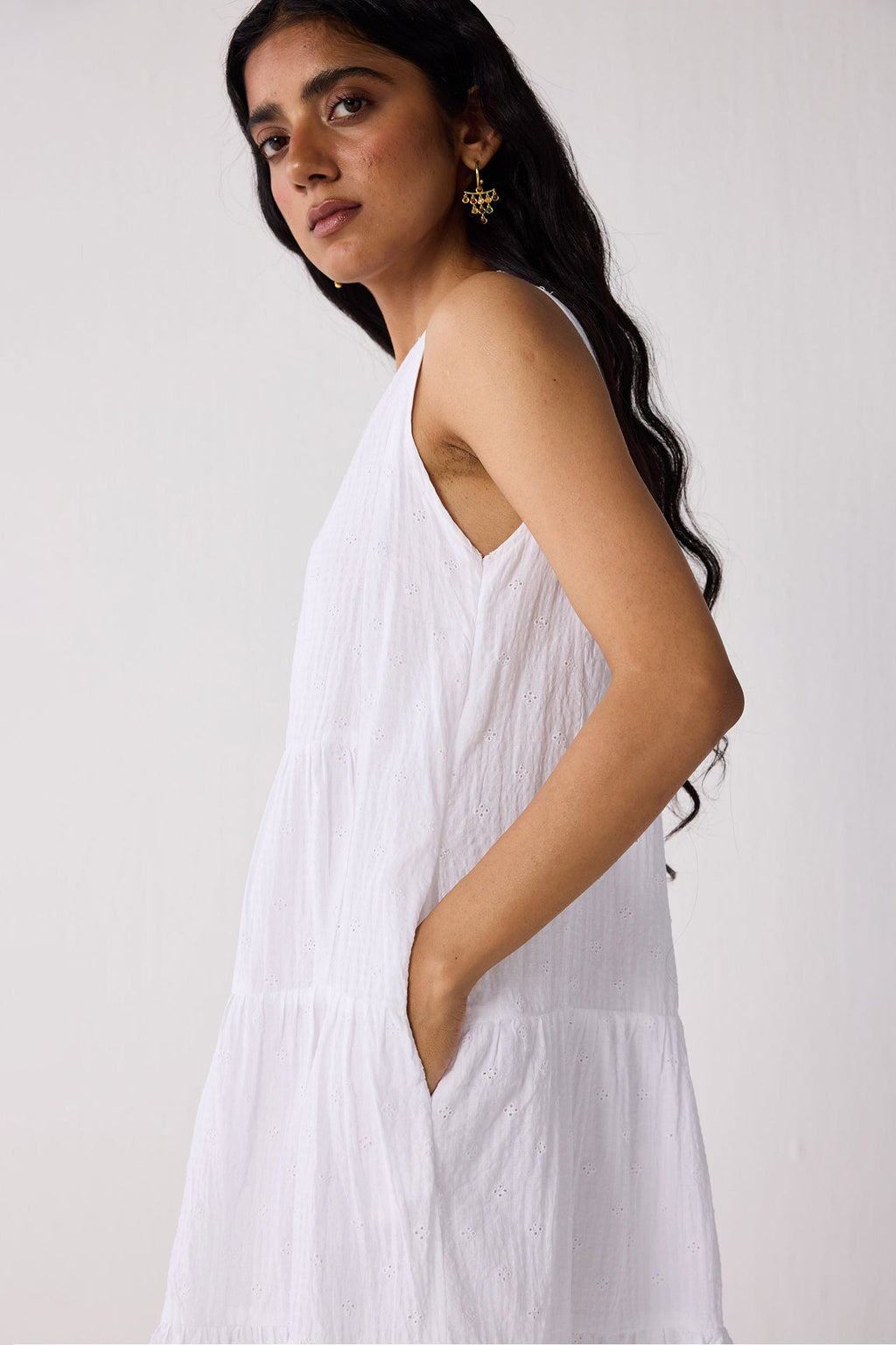 Embroidered Everyday Sleeveless Short Tiered Dress in White