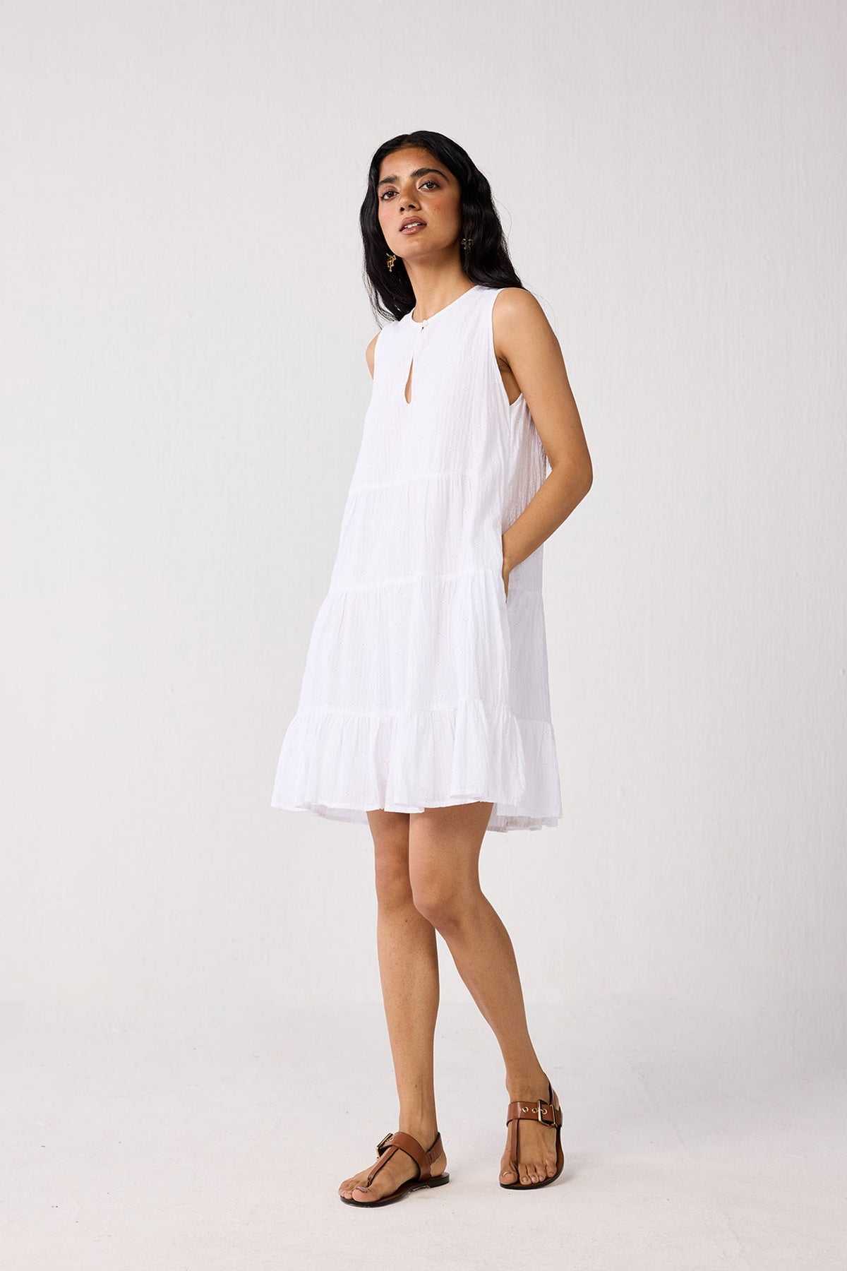 Embroidered Everyday Sleeveless Short Tiered Dress in White