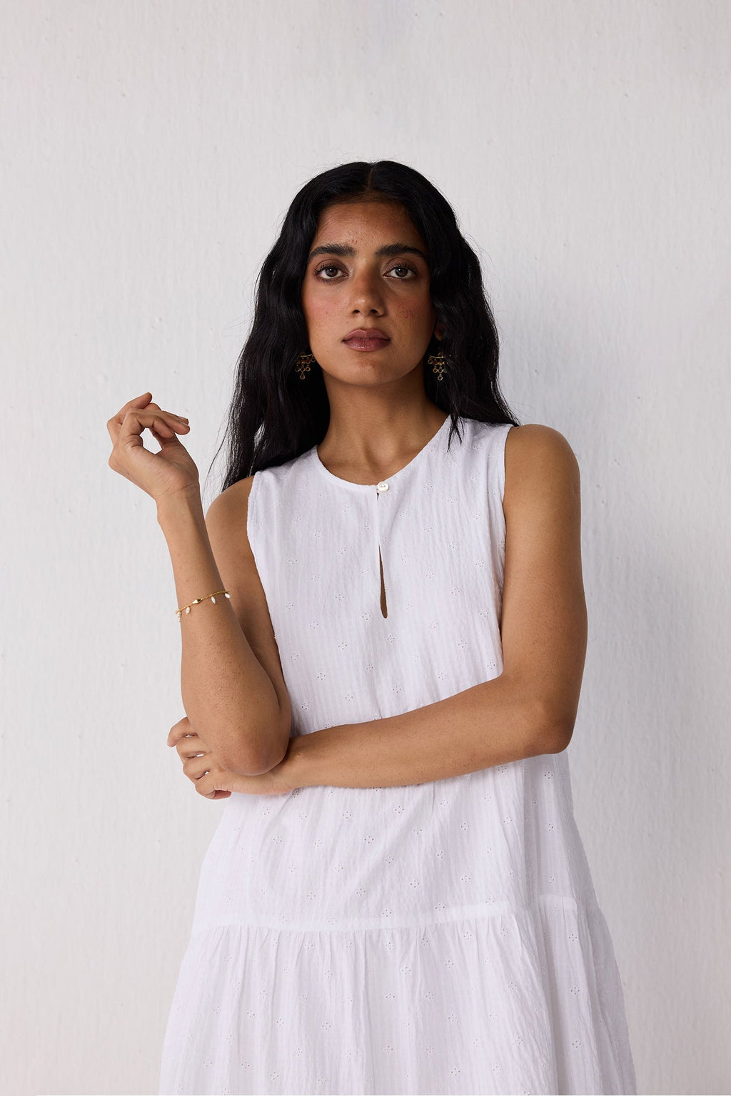 Embroidered Everyday Sleeveless Short Tiered Dress in White