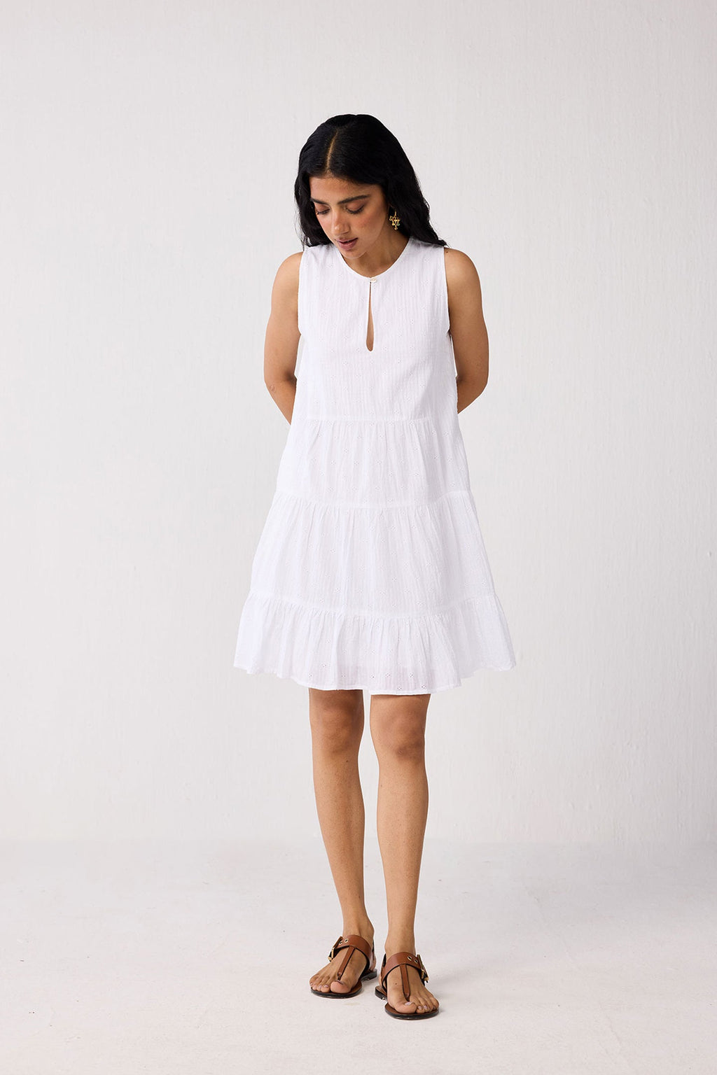 Embroidered Everyday Sleeveless Short Tiered Dress in White