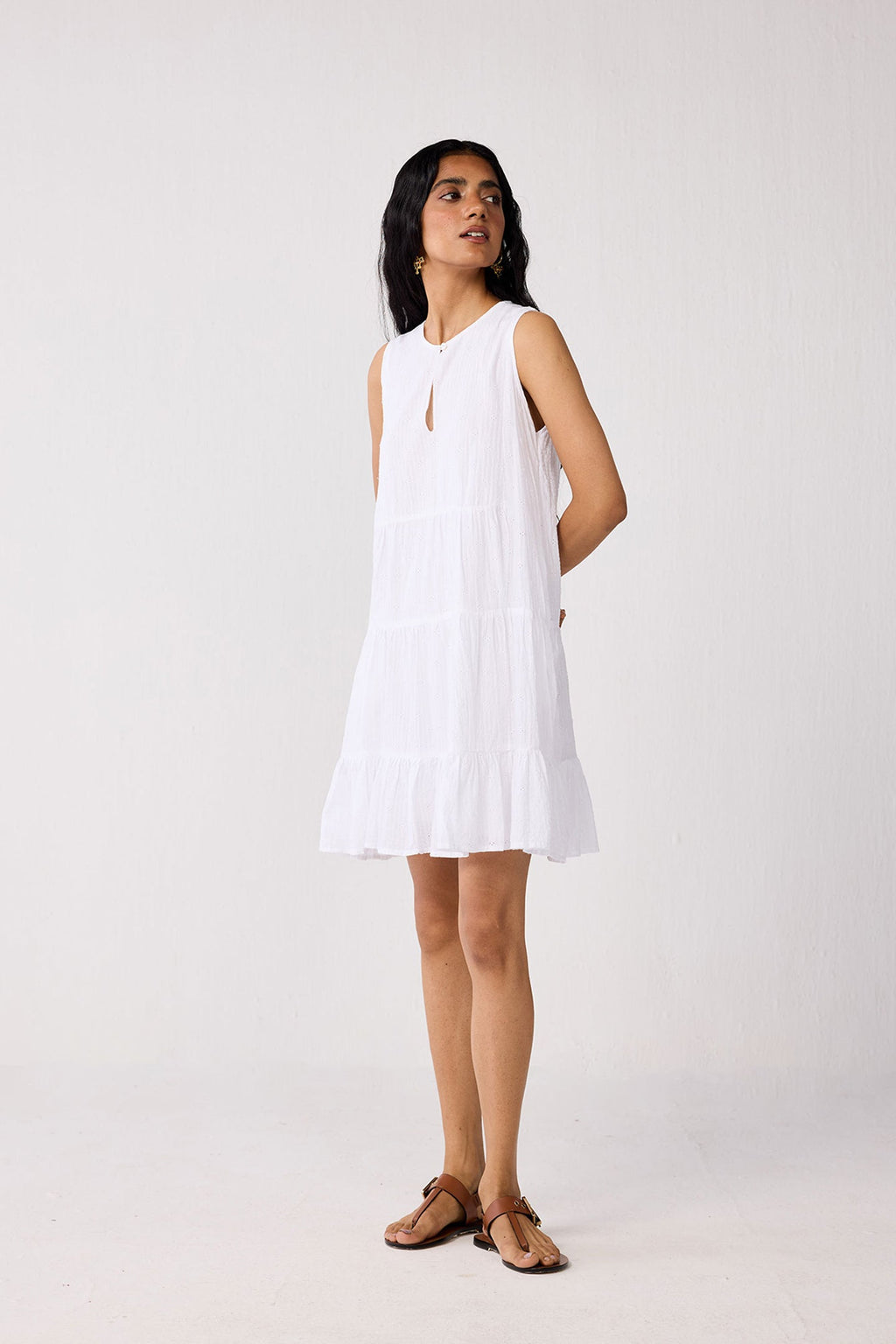 Embroidered Everyday Sleeveless Short Tiered Dress in White