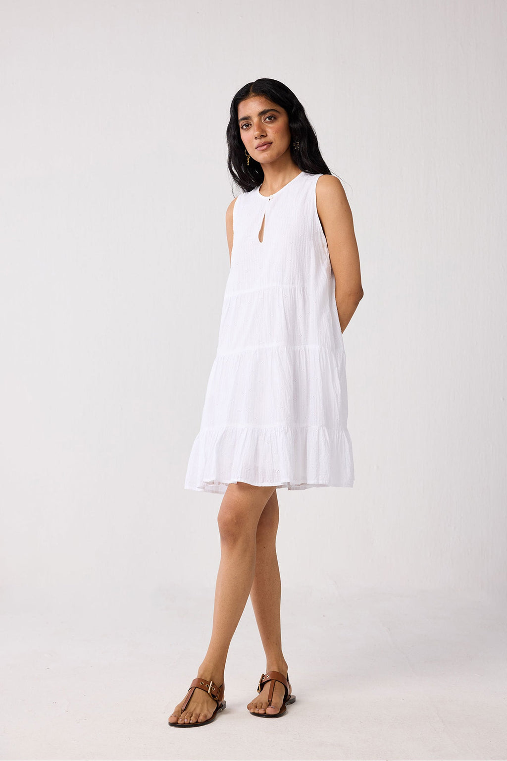 Embroidered Everyday Sleeveless Short Tiered Dress in White