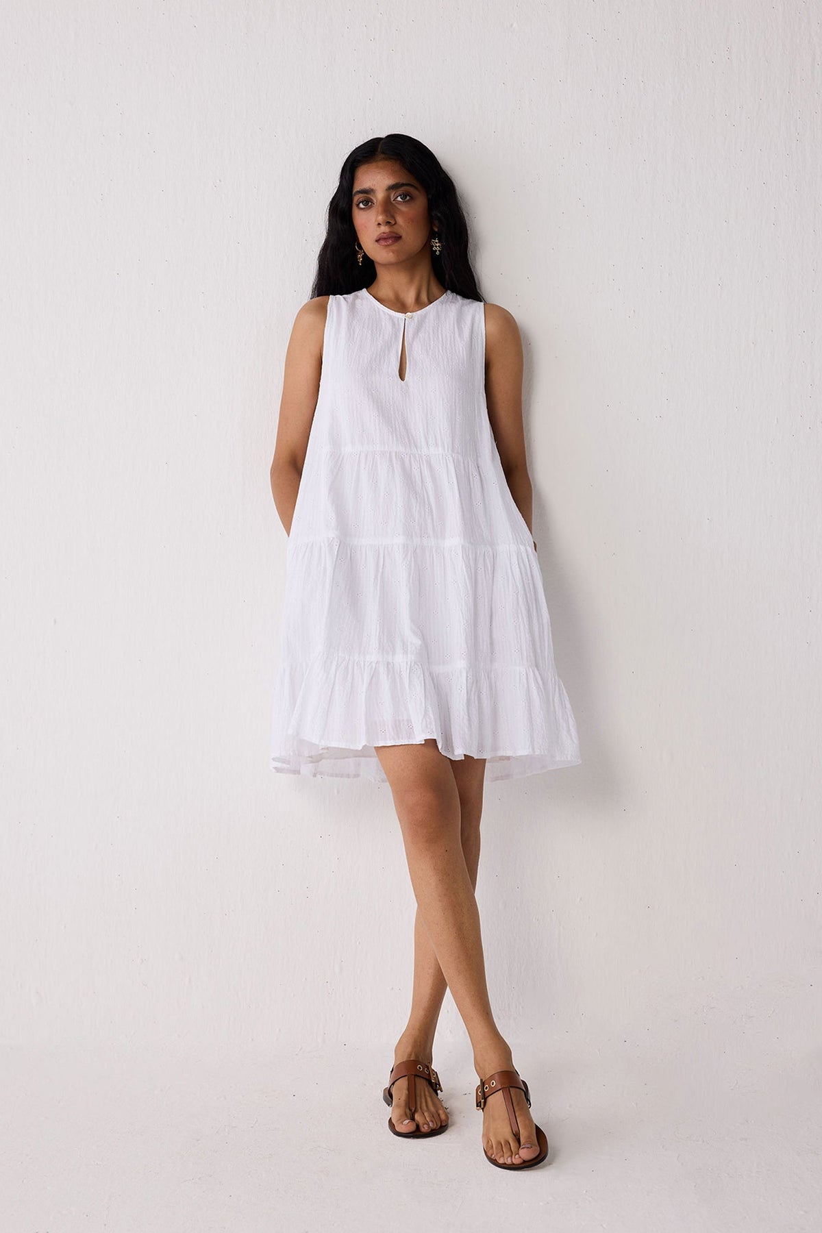 Embroidered Everyday Sleeveless Short Tiered Dress in White