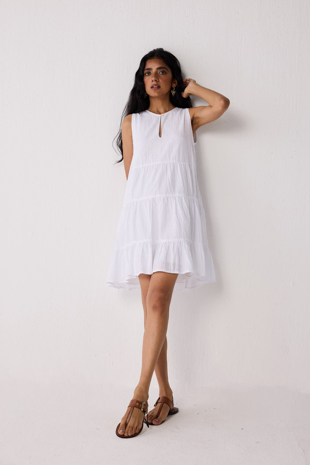 Embroidered Everyday Sleeveless Short Tiered Dress in White