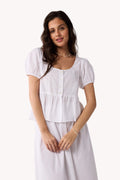 Embroidered Peplum Top with Puff Sleeves in White