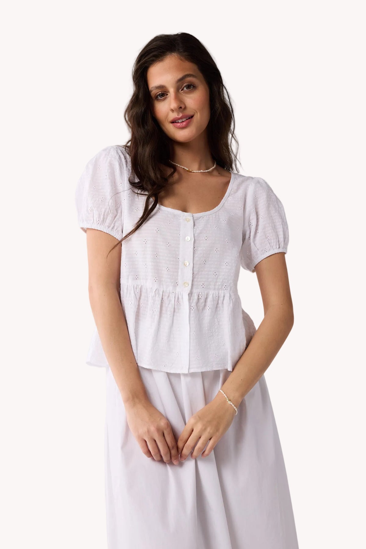 Embroidered Peplum Top with Puff Sleeves in White