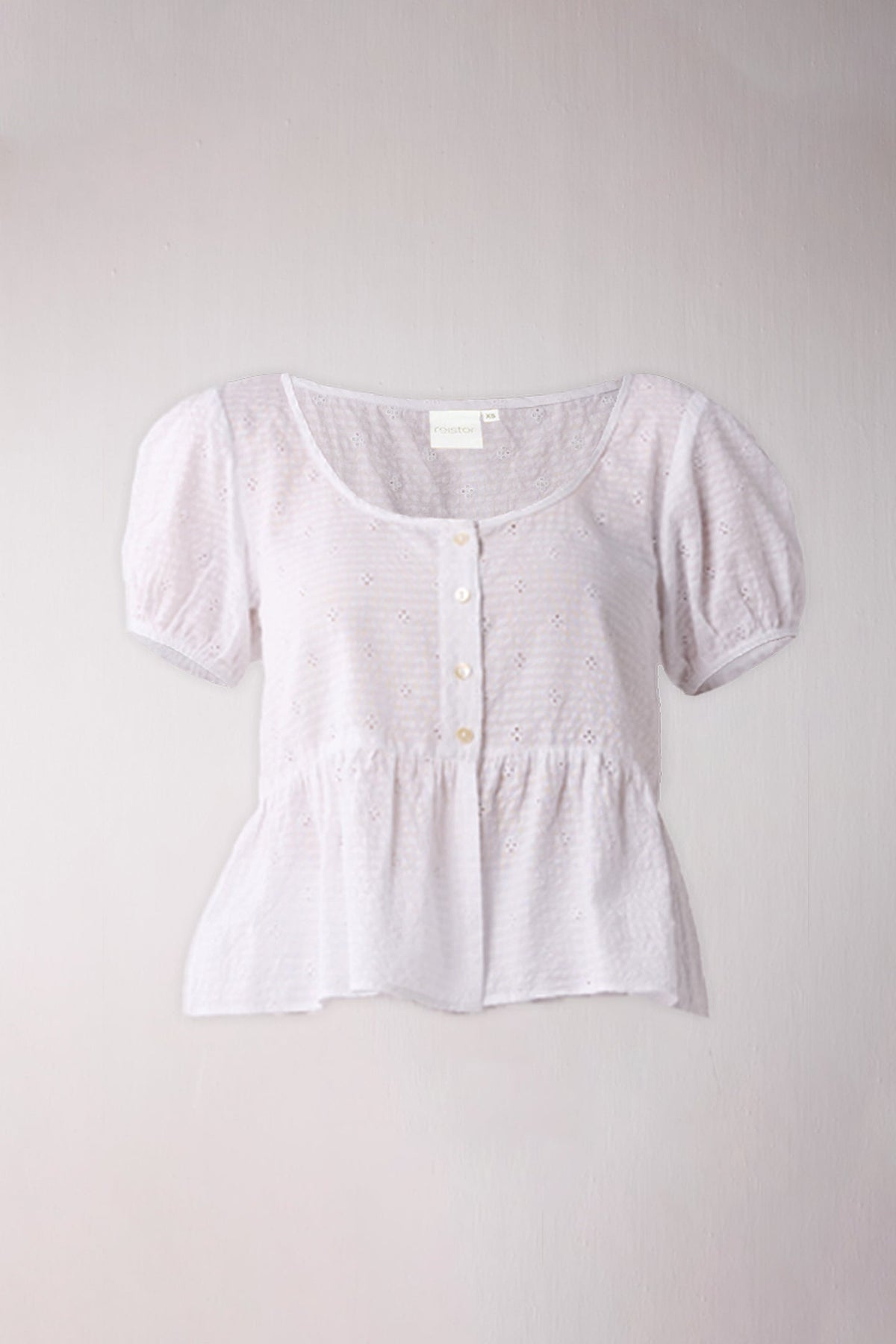 Embroidered Peplum Top with Puff Sleeves in White
