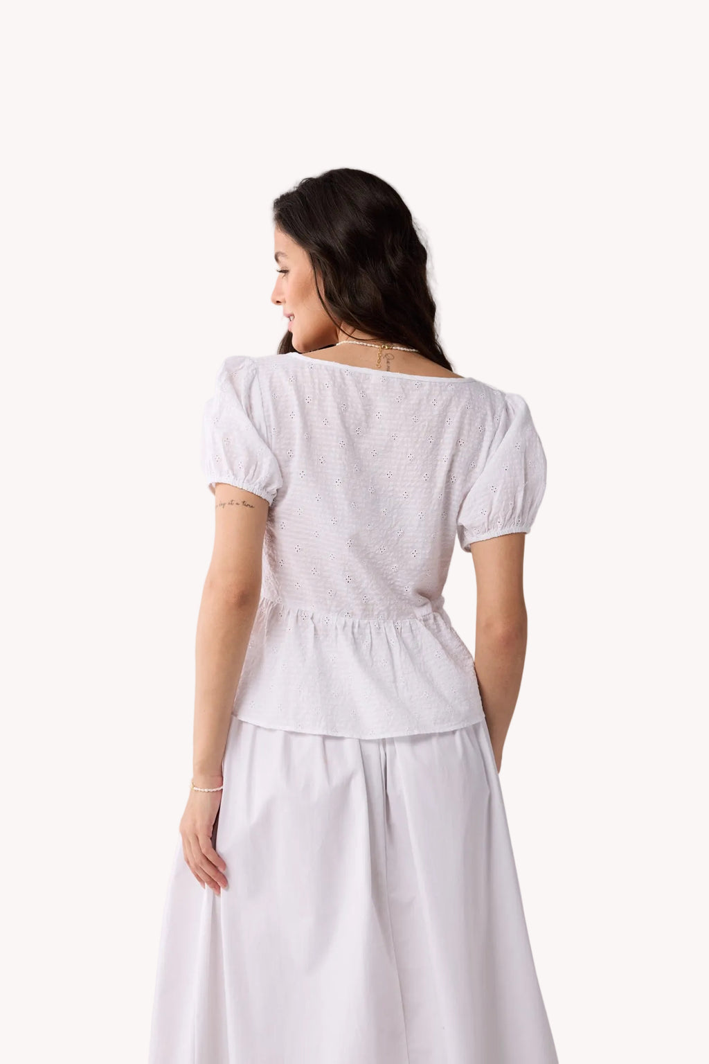 Embroidered Peplum Top with Puff Sleeves in White