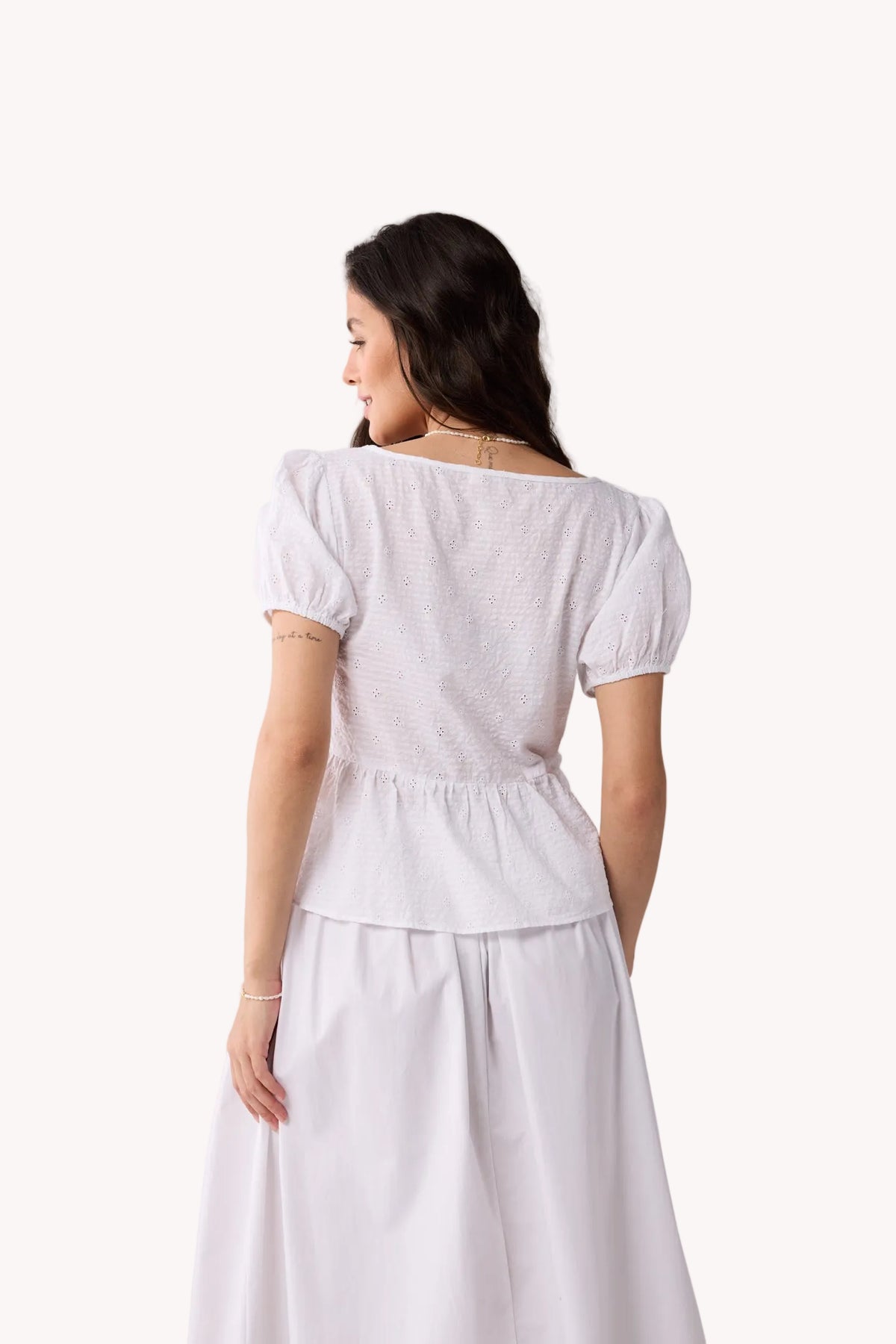 Embroidered Peplum Top with Puff Sleeves in White
