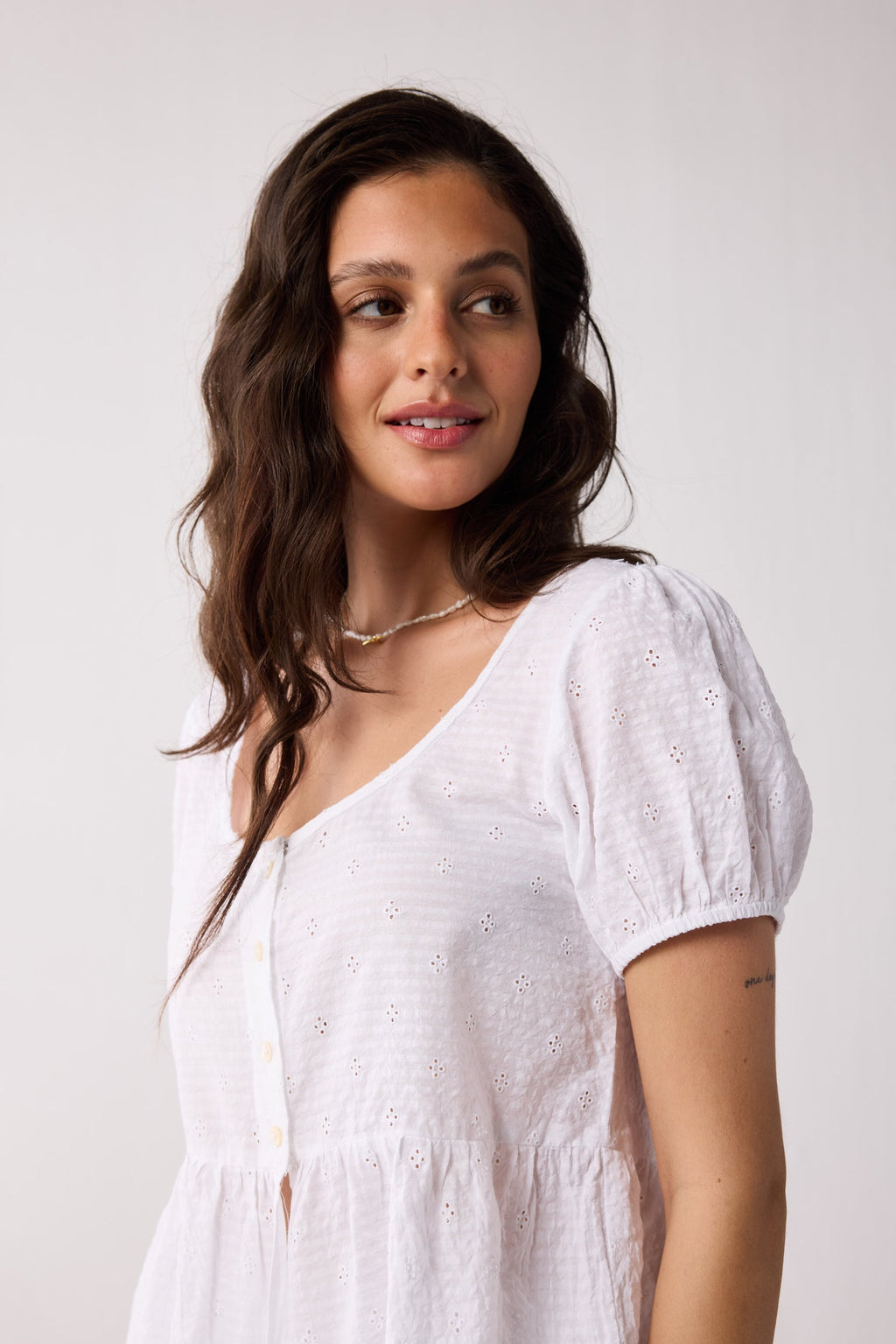 Embroidered Peplum Top with Puff Sleeves in White