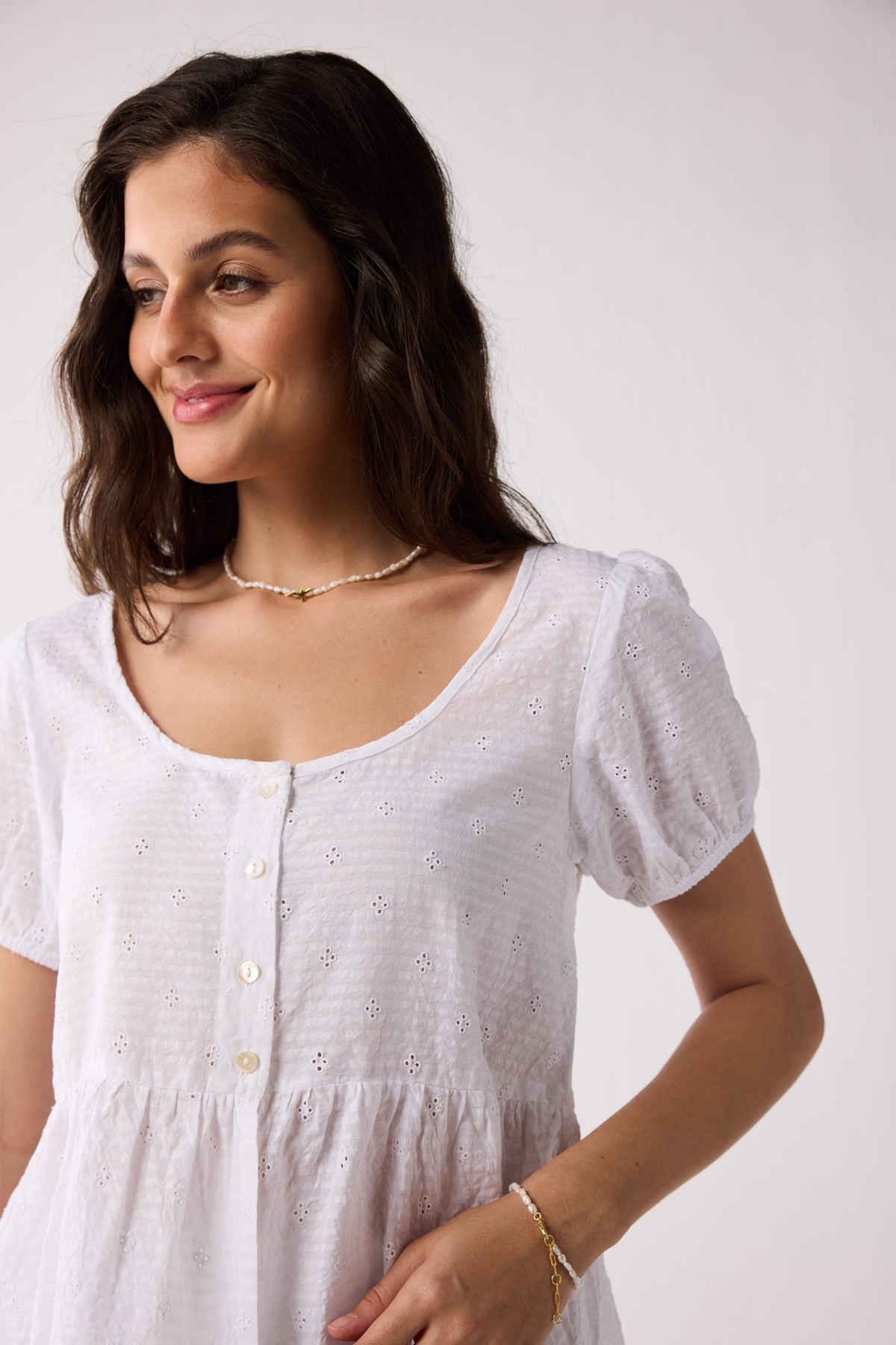 Embroidered Peplum Top with Puff Sleeves in White