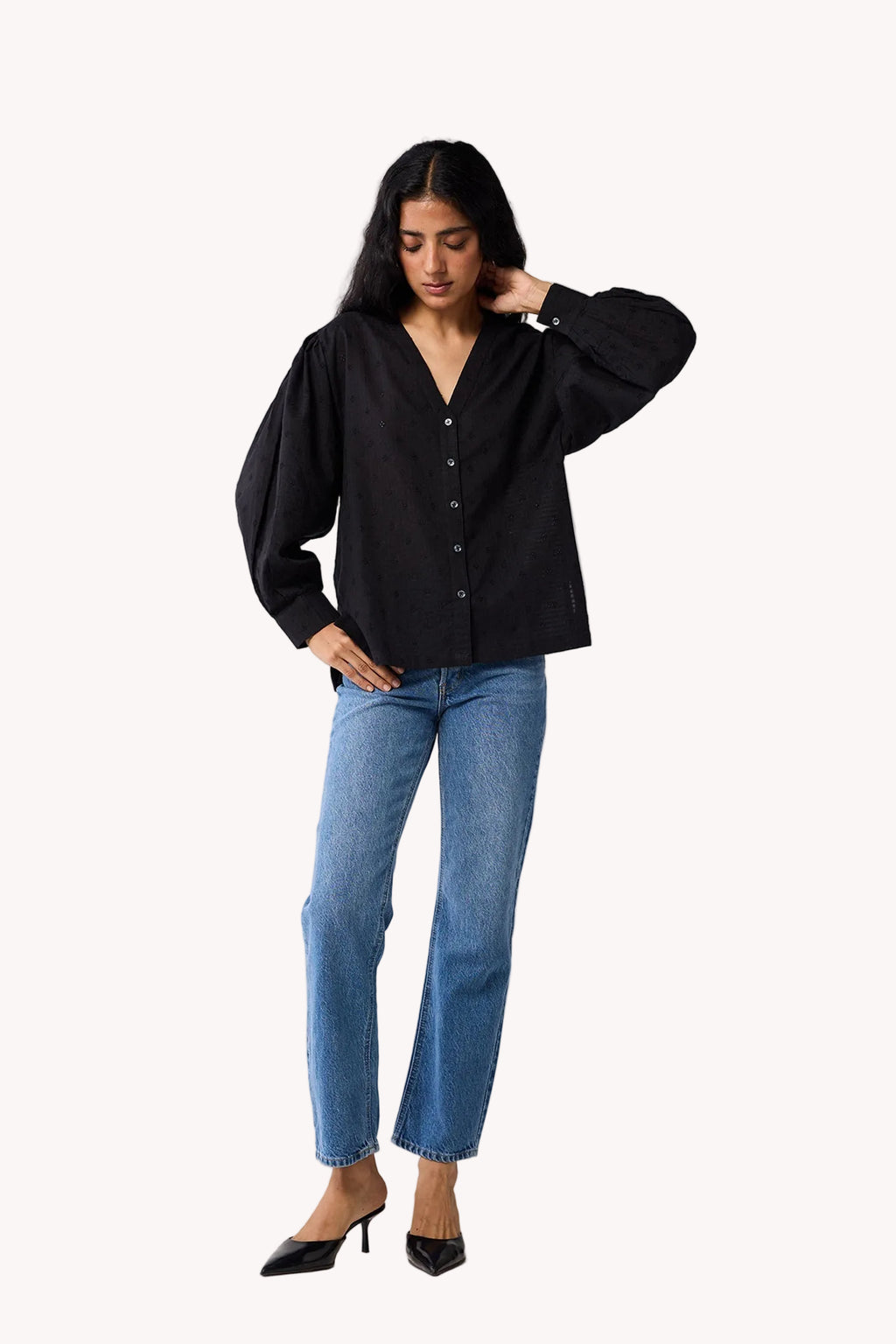 Embroidered Shirt with Long Balloon Sleeves in Black