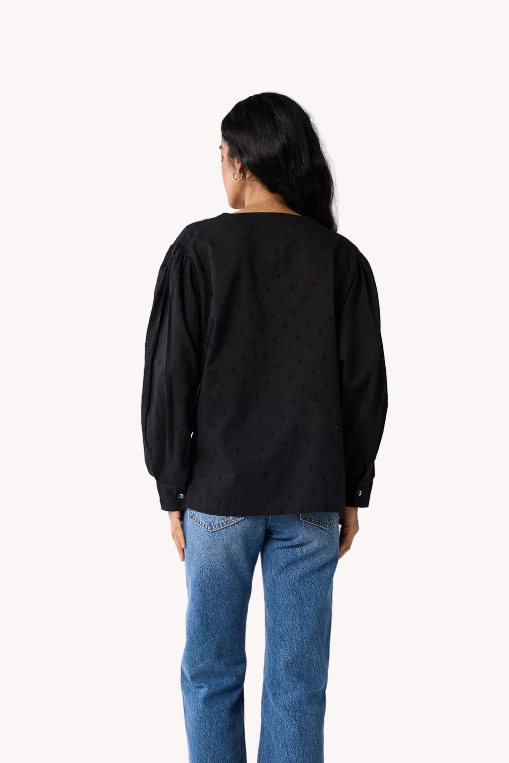 Embroidered Shirt with Long Balloon Sleeves in Black