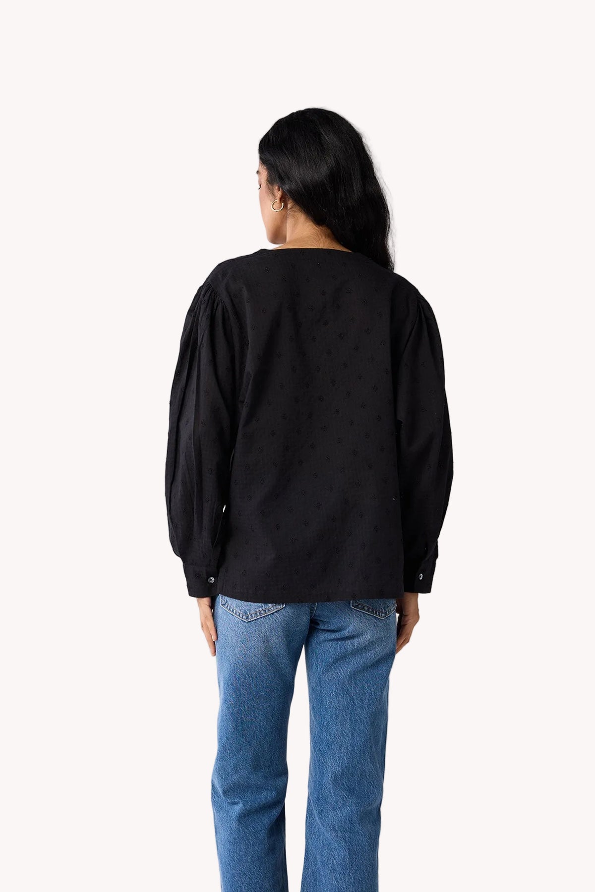Embroidered Shirt with Long Balloon Sleeves in Black