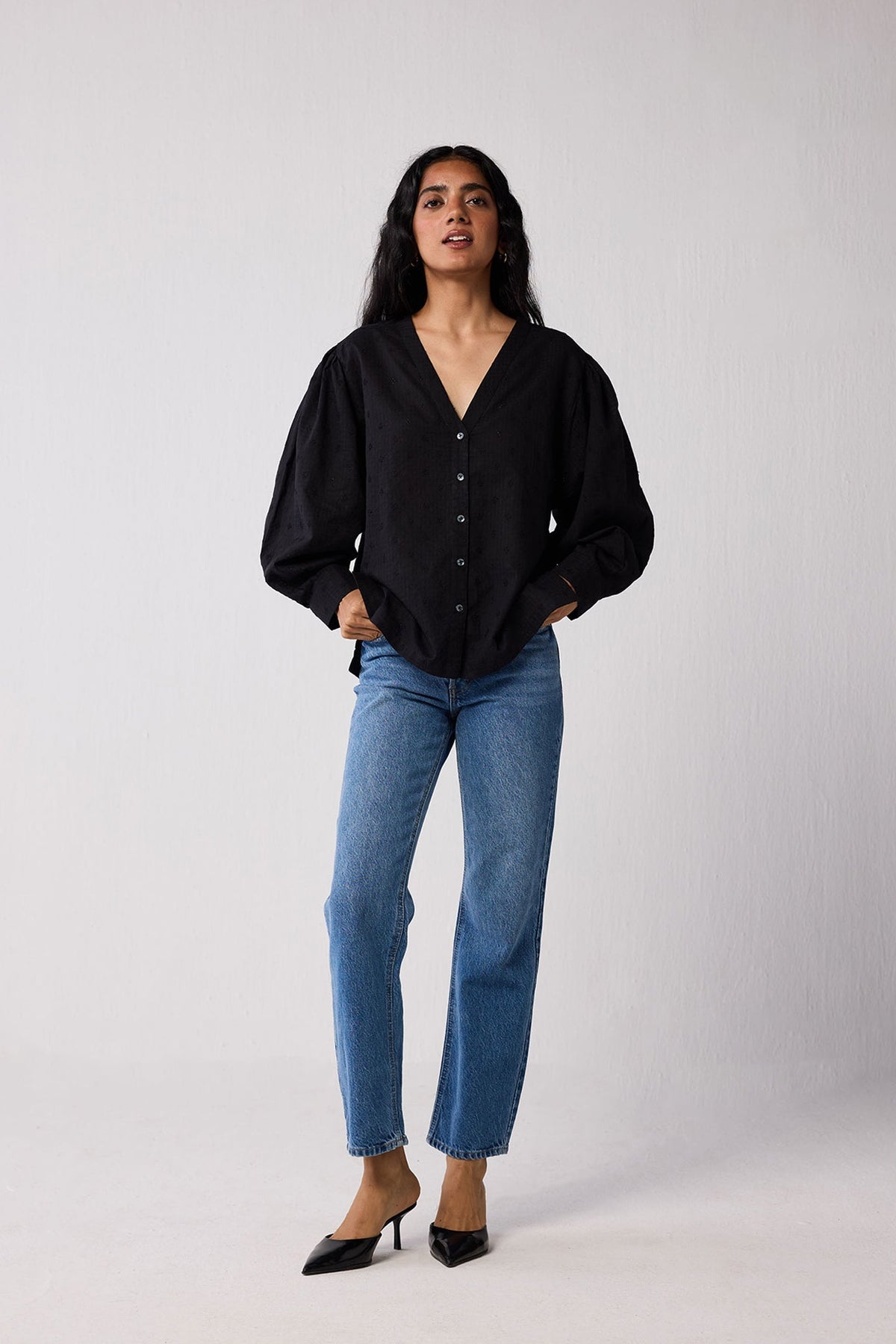 Embroidered Shirt with Long Balloon Sleeves in Black