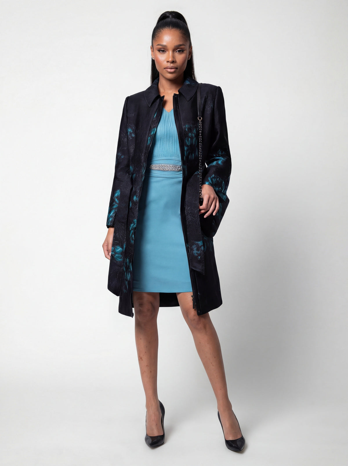 Teal Floral Jacquard Light Coat, Emma