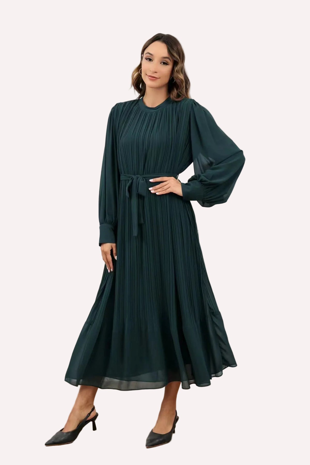 Emerald Green Pleated Poly-Chiffon Long Sleeve Maxi Dress (49.5") – Miss Finch NYC