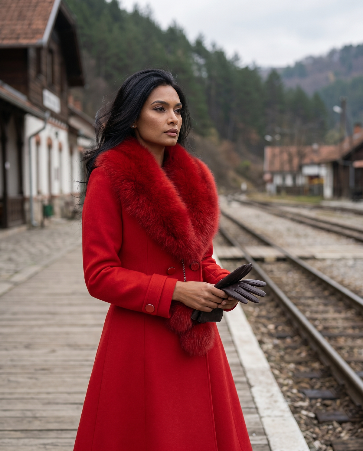Red Wool Coat with Fur Collar, Lucy