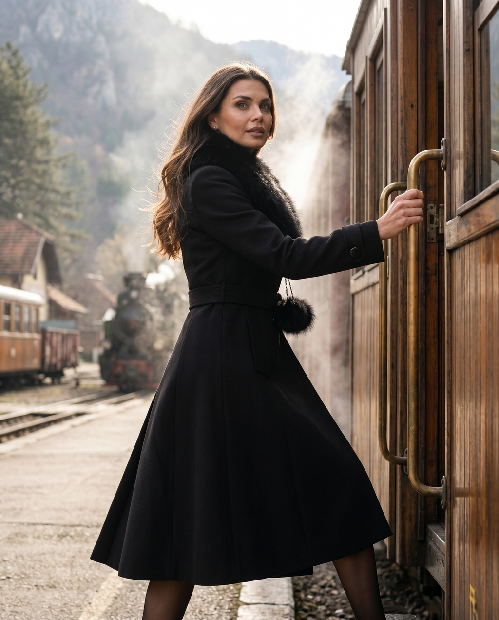 Black Wool Coat with Fur Collar, Lucy