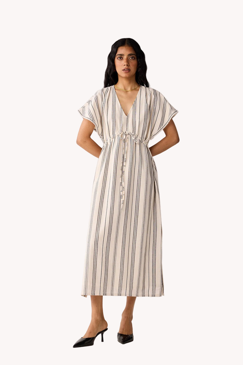 Maxi Gathered Dress with Side Slits in Stripes