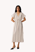 Maxi Gathered Dress with Side Slits in Stripes