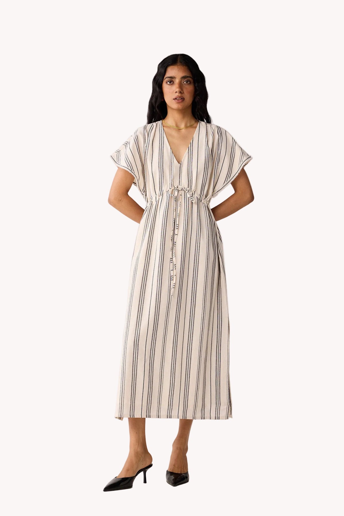 Maxi Gathered Dress with Side Slits in Stripes