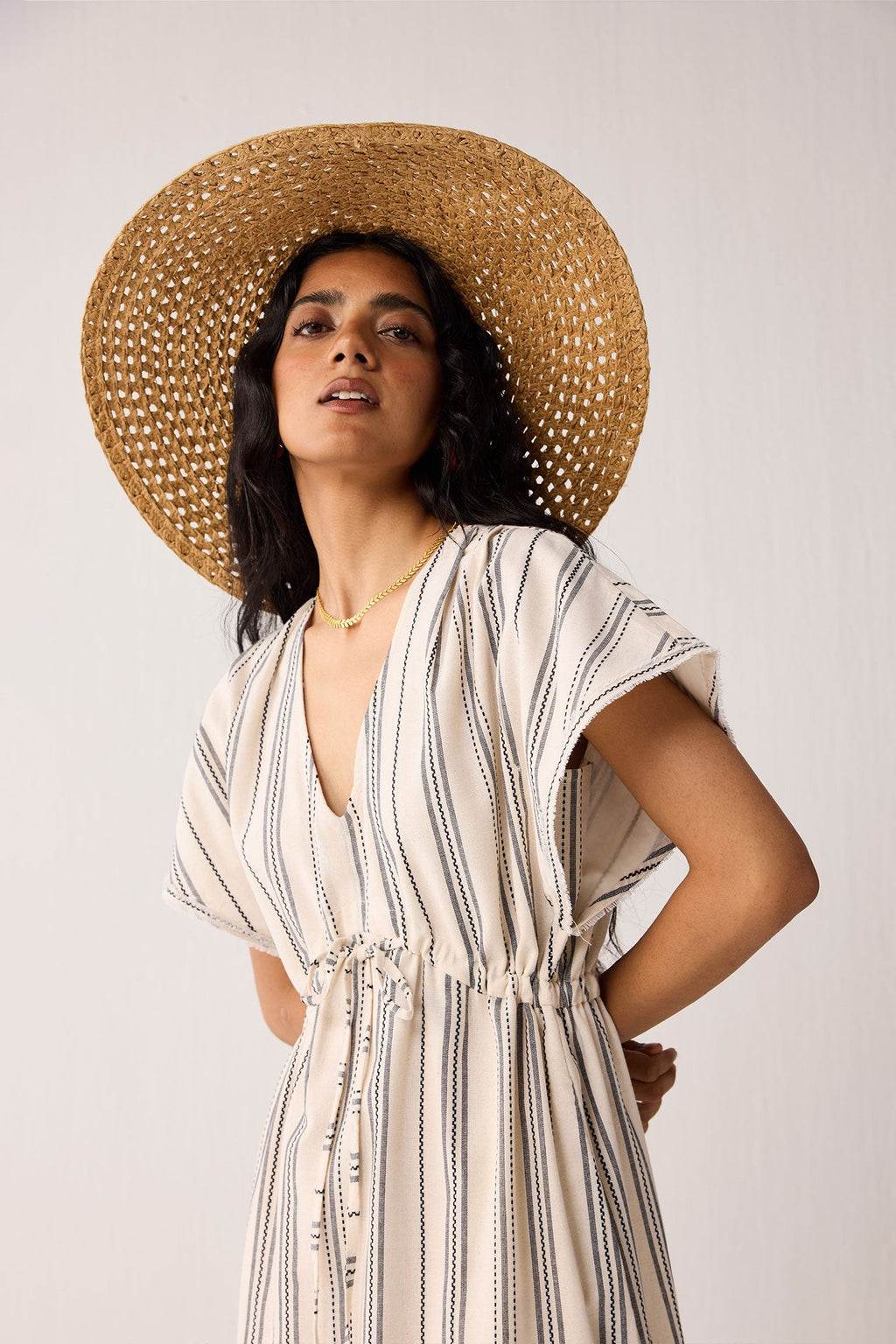 Maxi Gathered Dress with Side Slits in Stripes