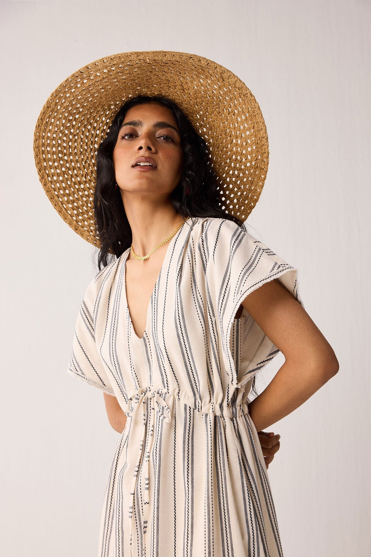 Maxi Gathered Dress with Side Slits in Stripes