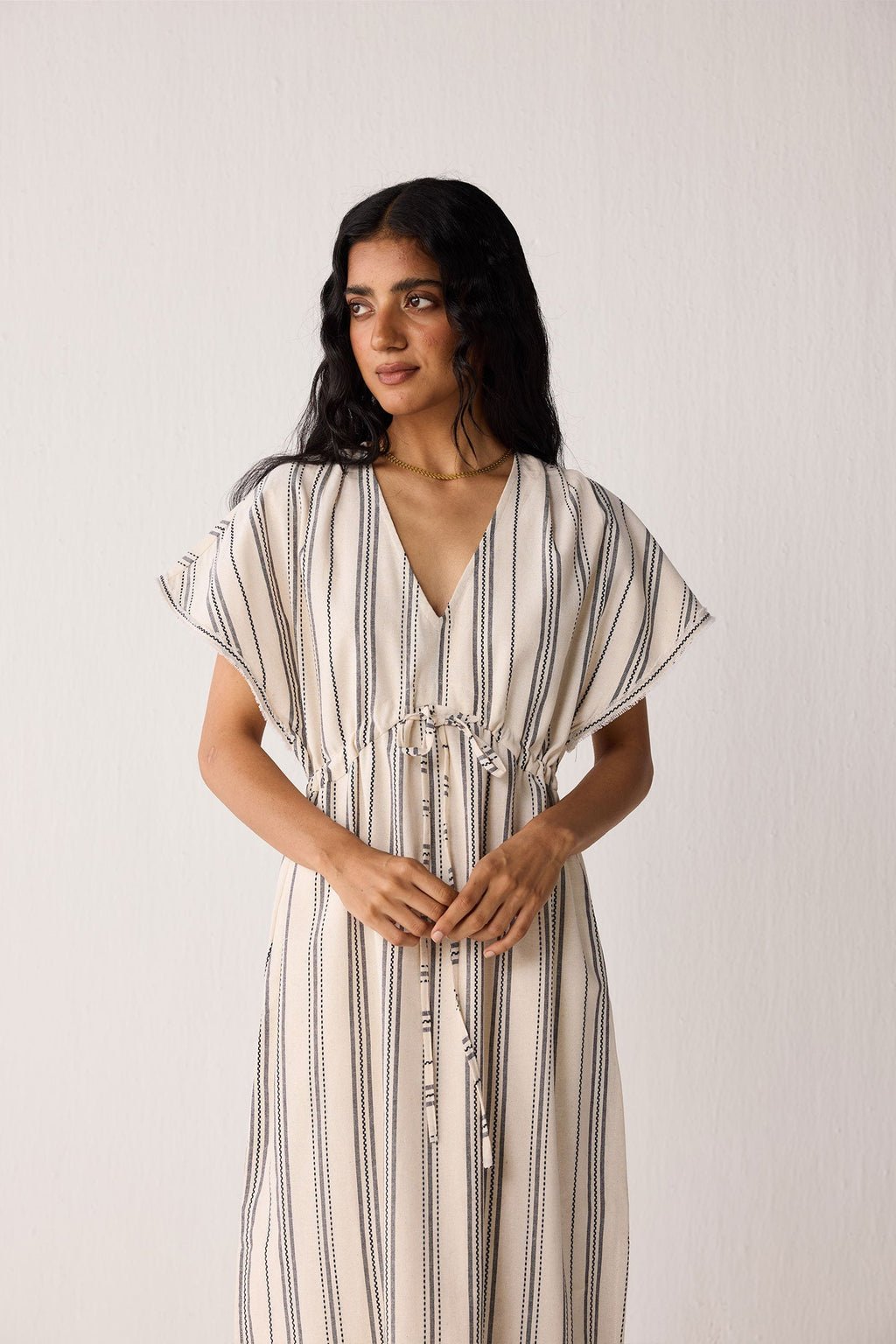 Maxi Gathered Dress with Side Slits in Stripes