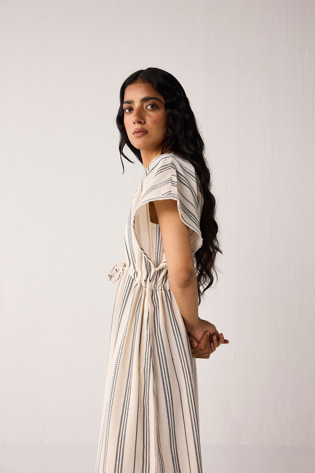 Maxi Gathered Dress with Side Slits in Stripes