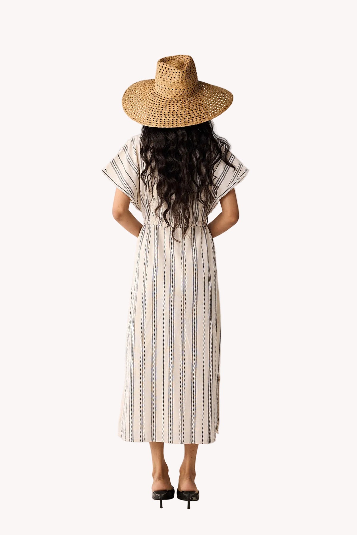 Maxi Gathered Dress with Side Slits in Stripes