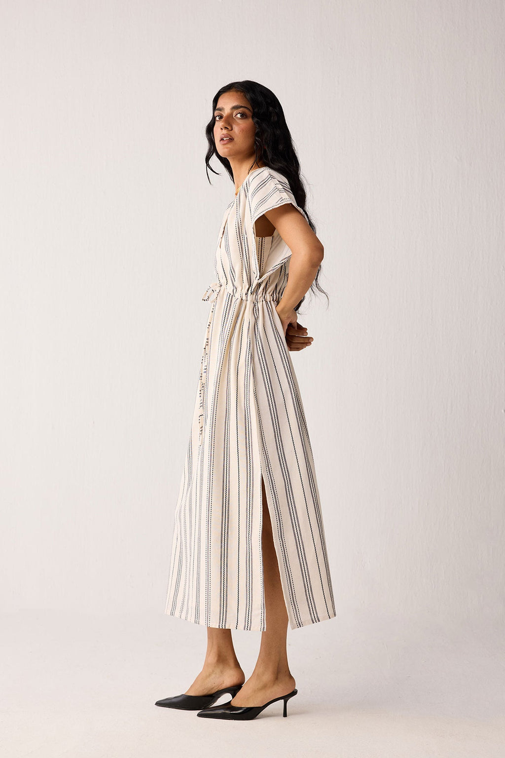 Maxi Gathered Dress with Side Slits in Stripes