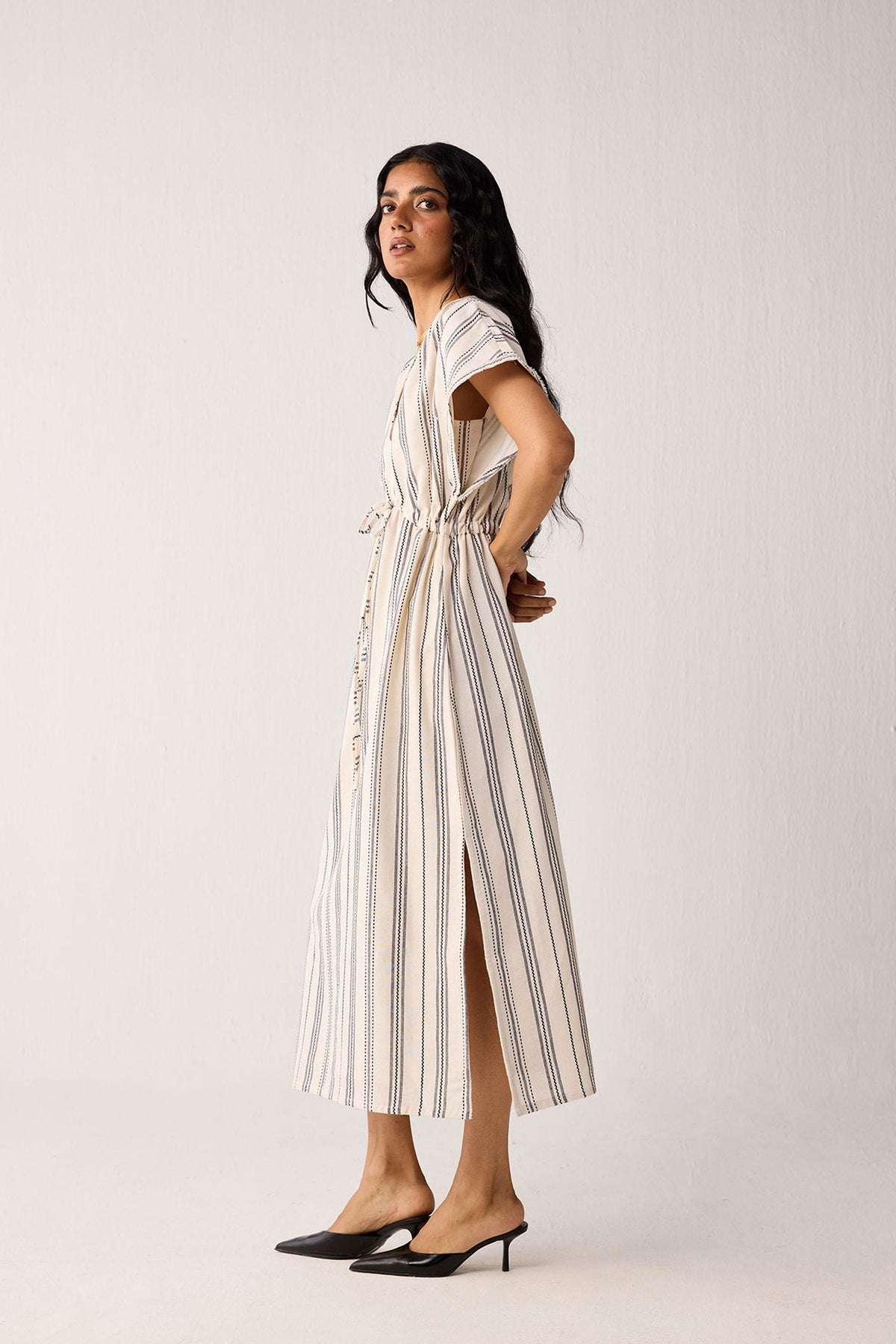 Maxi Gathered Dress with Side Slits in Stripes